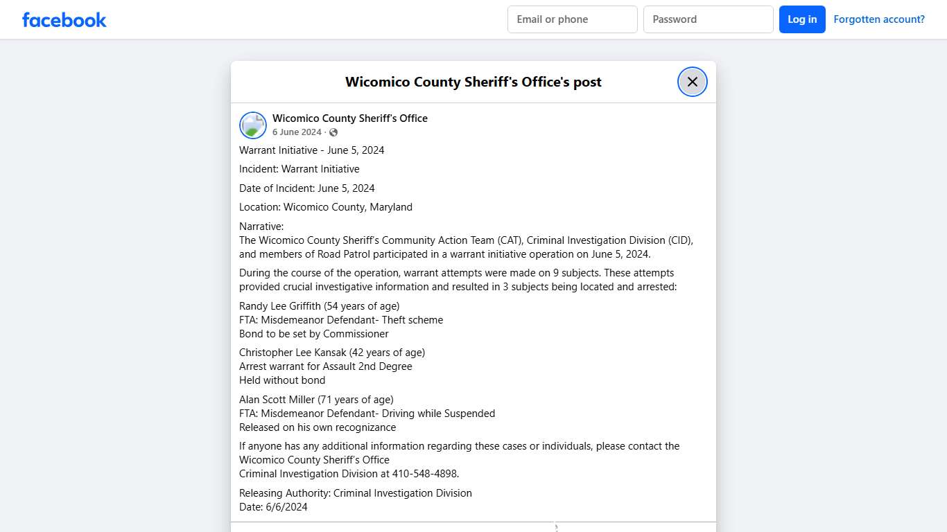 Warrant Initiative -... - Wicomico County Sheriff's Office Facebook